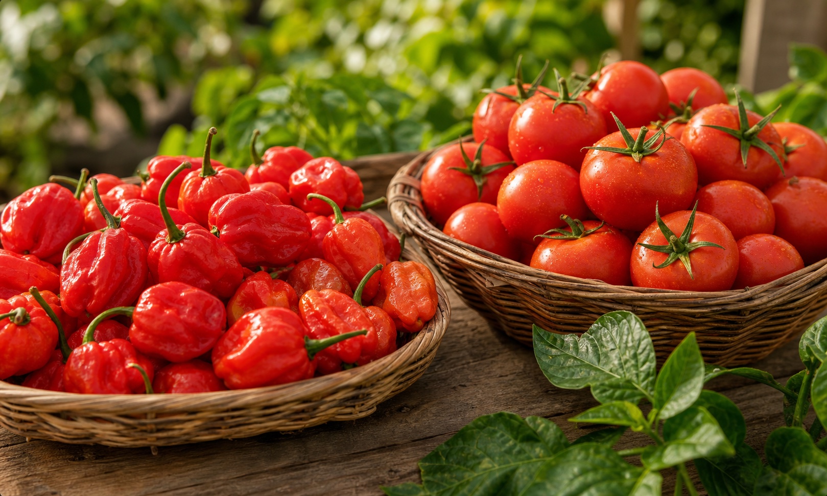 Fresh pepper and tomato arranged in baskets