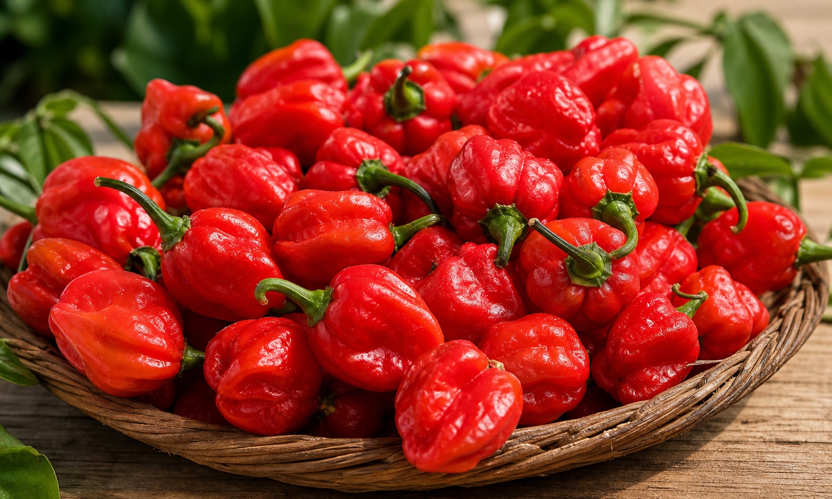 Fresh red habanero peppers arranged in a woven basket