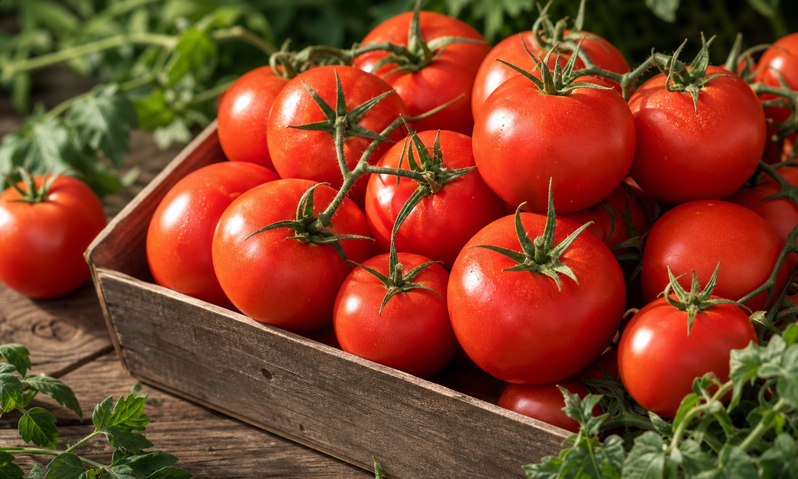 Fresh red tomatoes in a wooden crate